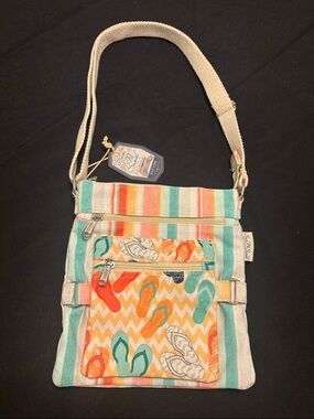 Canvas Crossbody Beach Themed Bag in Mint, Orange & Coral